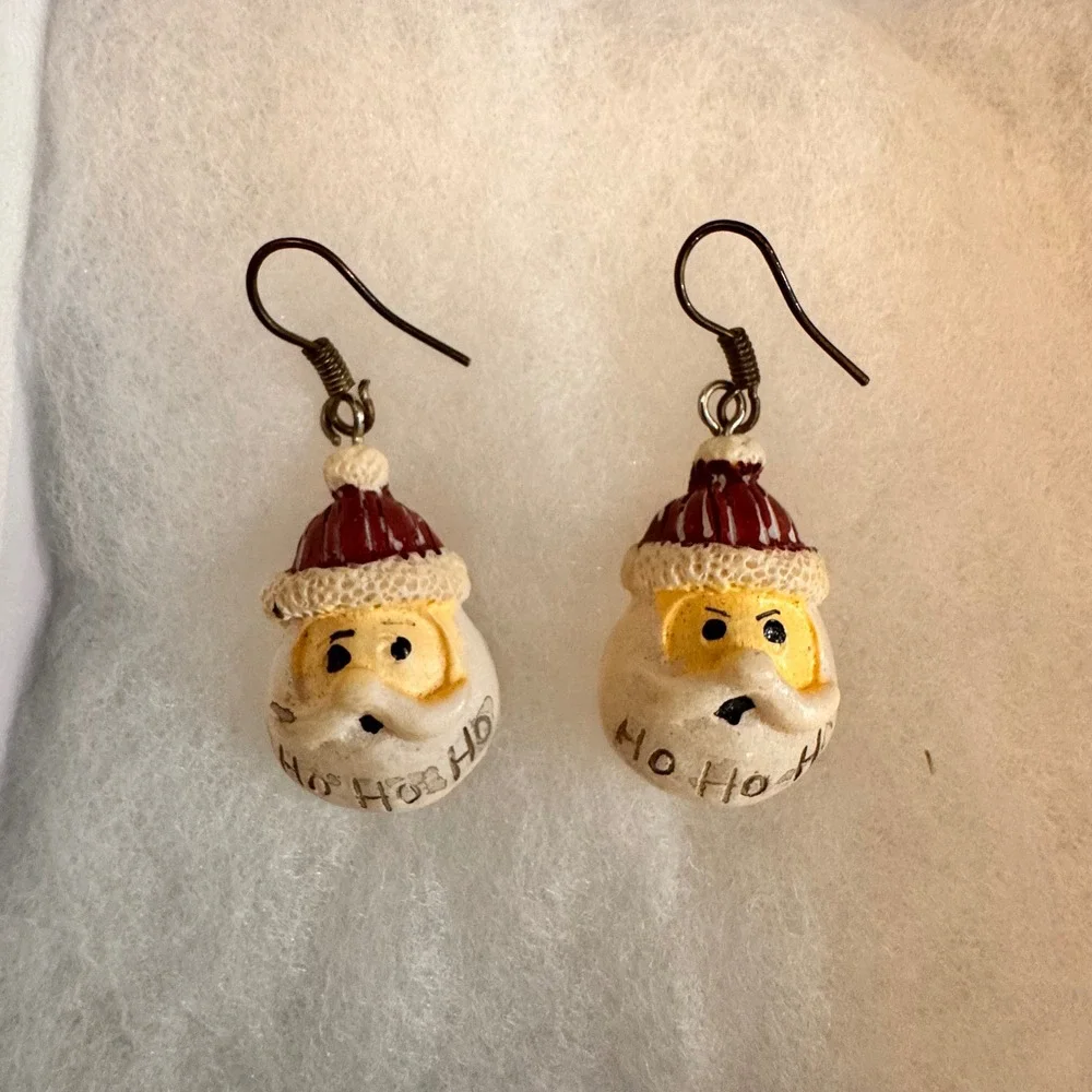 Handcrafted Cute Santa Claus Ho Ho Ho Christmas Holiday Dangle Clay Earrings